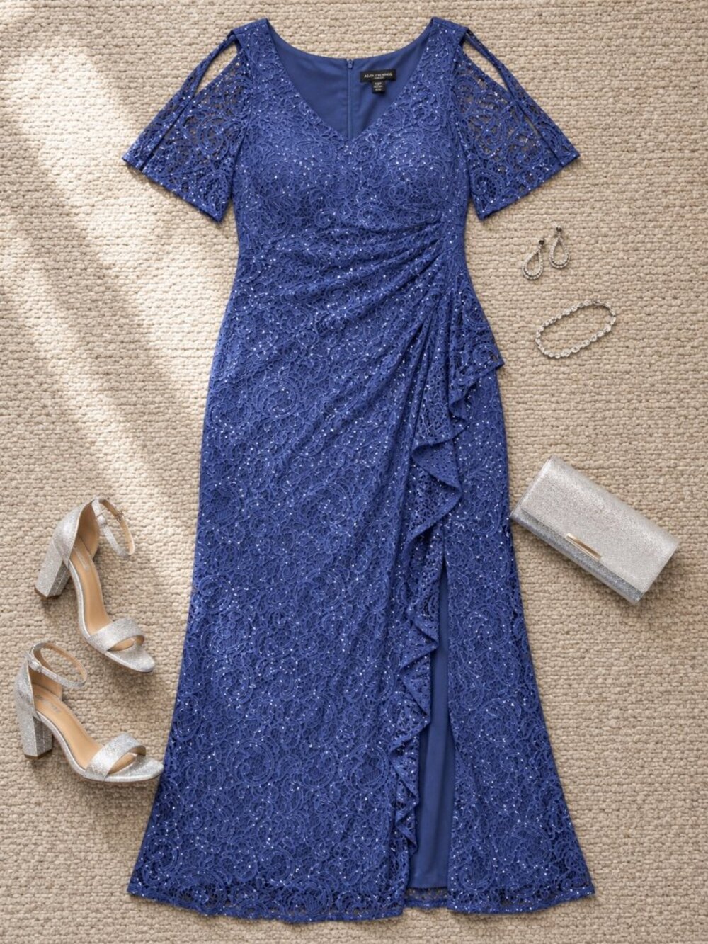 Alex Evenings Sequin Blue Gown Slit Size 18W Mother of Bride Dress NWT